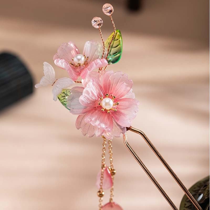 1 pcs Rabithenn Pink Peach Blossom with Leaves and Tassel Hairpin Chinese Hanfu Style Hair Fork Resin Handmade Hair Clip for Women Girls Long Hair