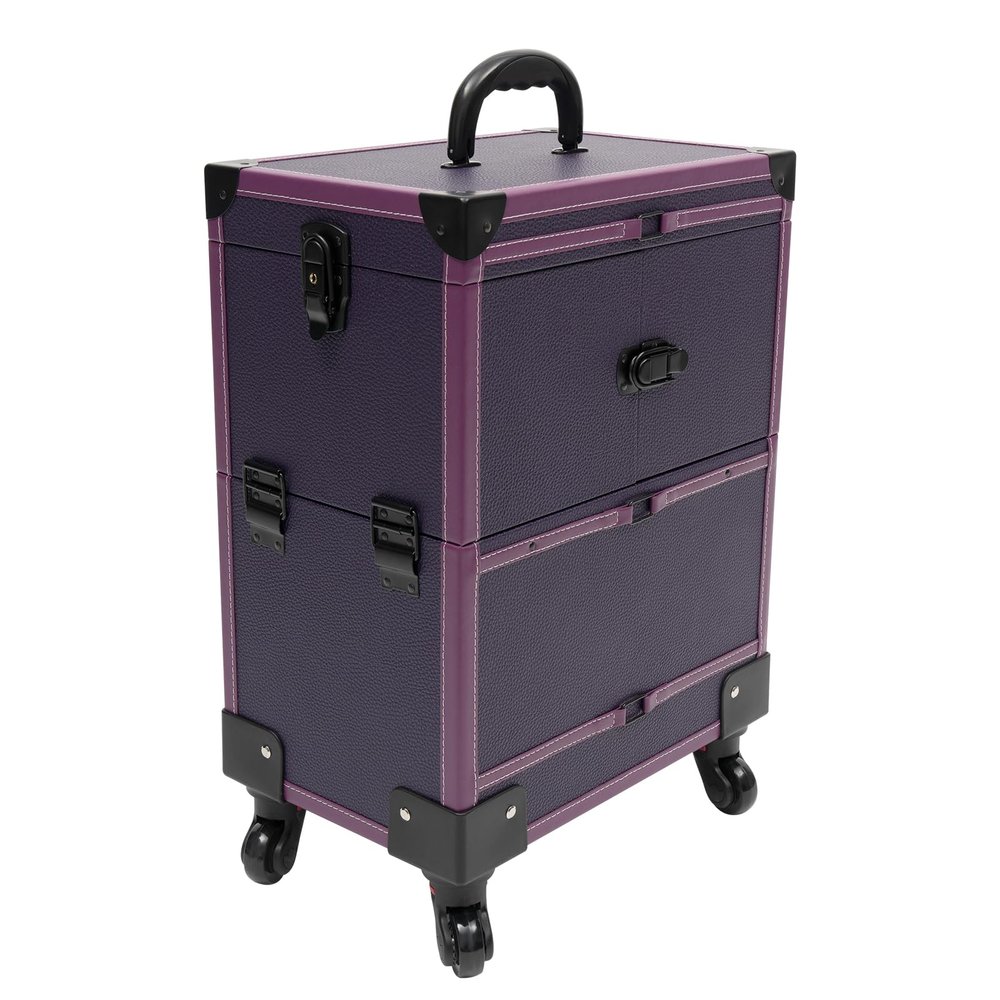 BAIODNB Rolling Makeup Train Case, Rolling Cosmetics Storage Organizer With Locks,Professional Cosmetology Trolley Makeup Suitcase with Wheels for Artists, Hairdressers, Nail Technicians (Purple)