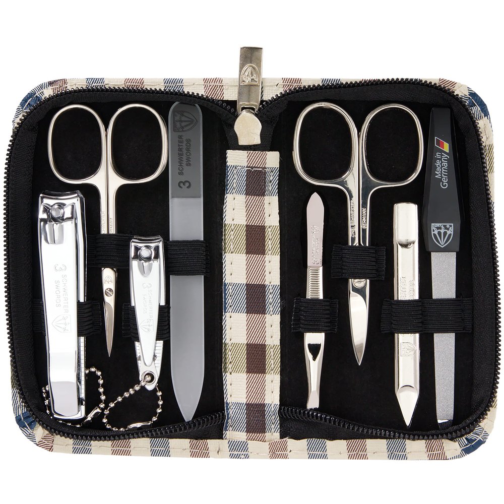 3 Swords Germany - brand quality 8 piece manicure pedicure grooming kit set synthetic leather case chequered - Made in Germany