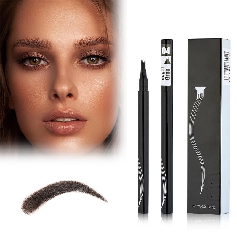 2PCS Eyebrow Microblading Pen, 2024 New 3D Waterproof Microblading Eyebrow Pencil Contouring Pen, 4 Fork Tip Magic Eyebrow Pencil, Microblading Eyebrow Pen for Natural Makeup All Day(#4-Grey)
