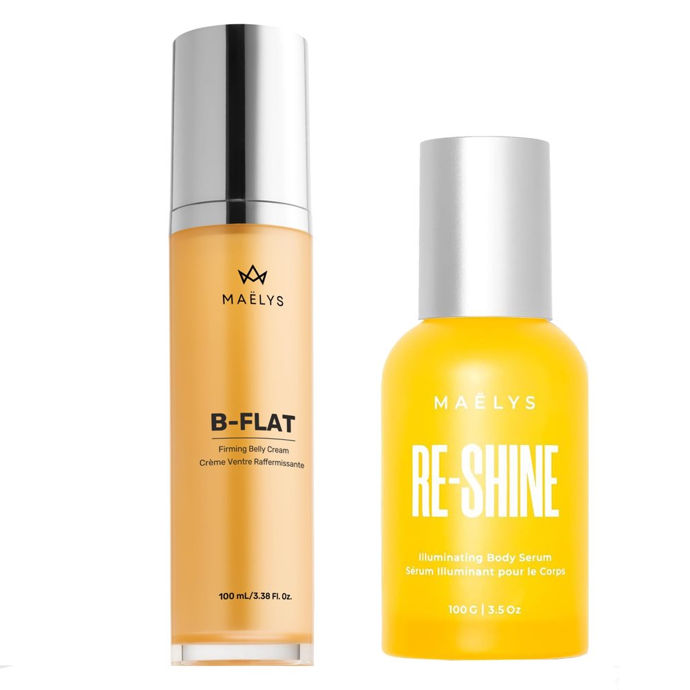 MALYS Cosmetics B-FLAT Belly Firming Cream & RE-SHINE Illuminating Body Serum Bundle - Skin Tightening, Moisturizing, and Stretch Mark Firming Solution