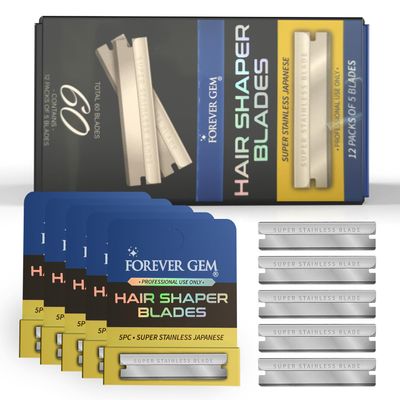 FOREVER GEM Japanese Stainless Steel Hair Shaper Blades | 60-Count Polymer Shaving Blades | Facial Hair & Eyebrow Trimmer for Men & Women | 12 Packs of 5, Silver