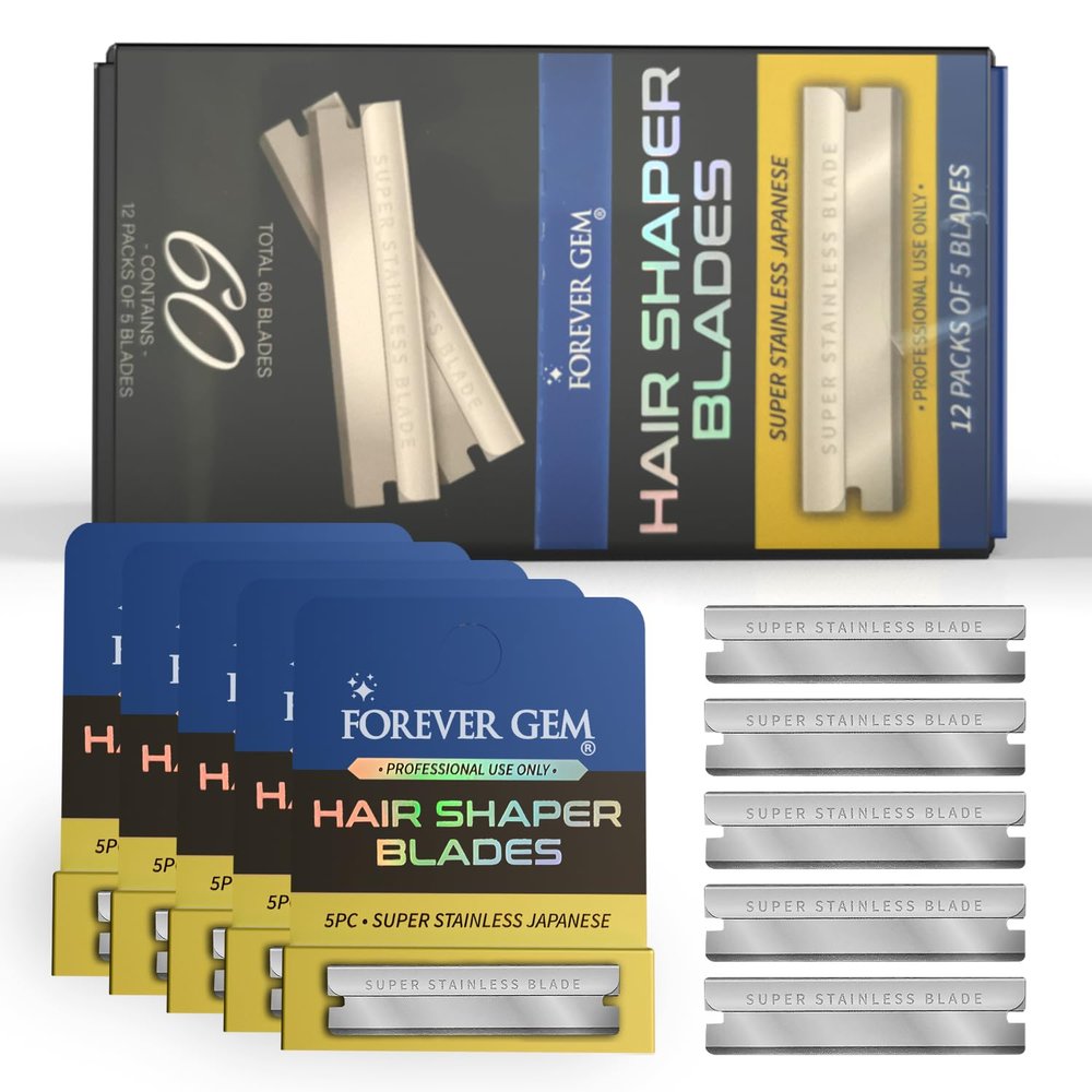 FOREVER GEM Japanese Stainless Steel Hair Shaper Blades | 60-Count Polymer Shaving Blades | Facial Hair & Eyebrow Trimmer for Men & Women | 12 Packs of 5, Silver