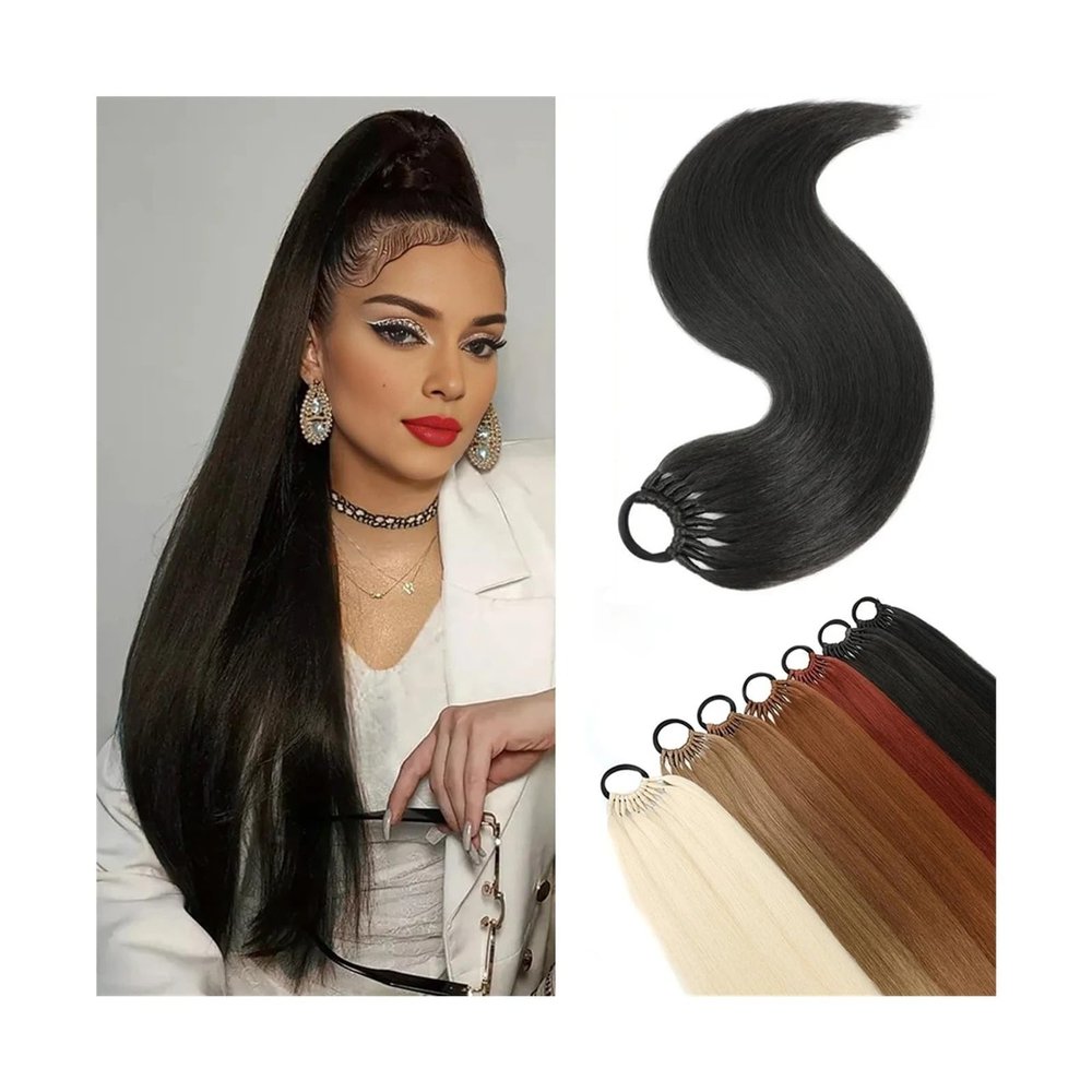 Ponytail Extension Braiding Ponytail Extension with Elastic Tie, 24" Long Yaki Straight Wrap Around Ponytail Hair Extensions Natural Soft Synthetic Hairpiece for Women Pony Tails Hair Extensions(Color