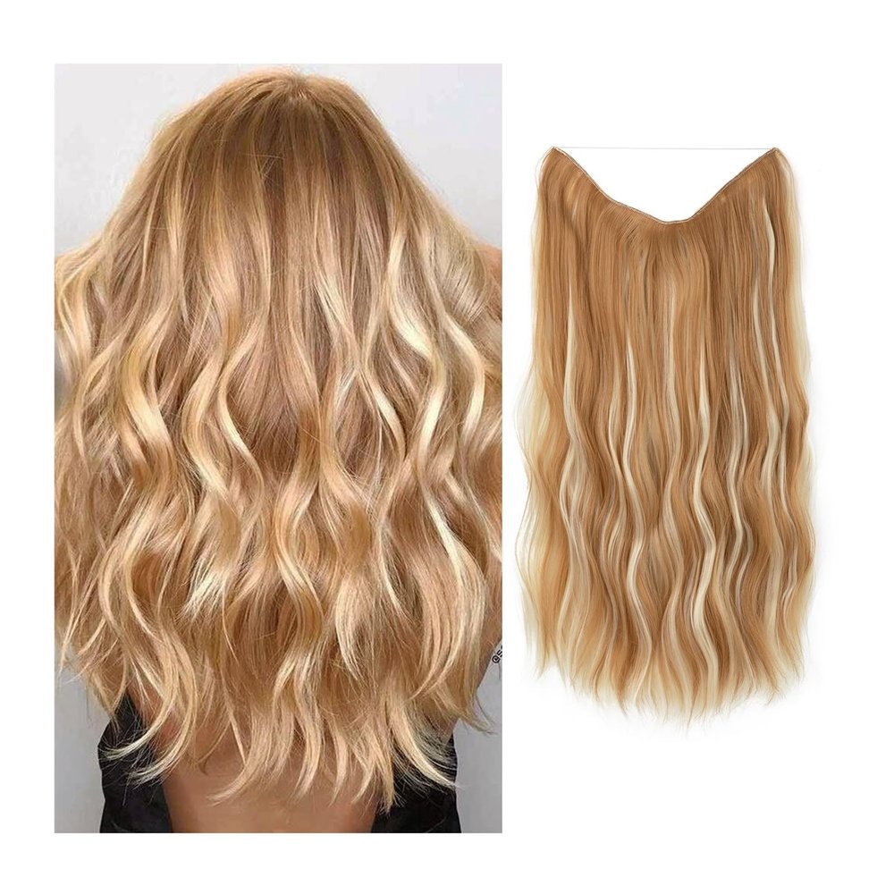 Hair Extensions Synthetic Wire Hair Extensions with 2 Removable Clips 20 Inch Wavy Curly Wire Hair Invisible Transparent Wire Extensions One Piece Hairpieces for Women Hair Extensions Clip in(Color:26
