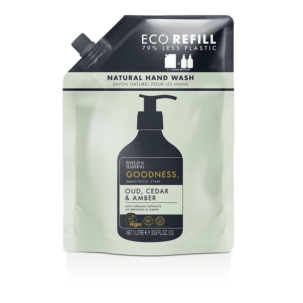 Baylis & Harding Liquid Hand Soap Refills, Goodness, Oud Cedar & Amber, 1 Liter