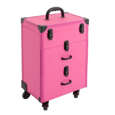 BAIODNB 3 in 1 Large Rolling Makeup Case, Aluminum Nail Travel Case Cosmetology Case, Makeup Cart Make Up Suitcase Cosmetic Trolley with Wheels for Salon Cosmetic Trolley Organizer Box (Rose)