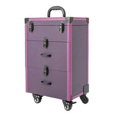 BAIODNB 3 in 1 Large Rolling Makeup Case, Aluminum Nail Travel Case Cosmetology Case, Makeup Cart Make Up Suitcase Cosmetic Trolley with Wheels for Salon Cosmetic Trolley Organizer Box (Purple)