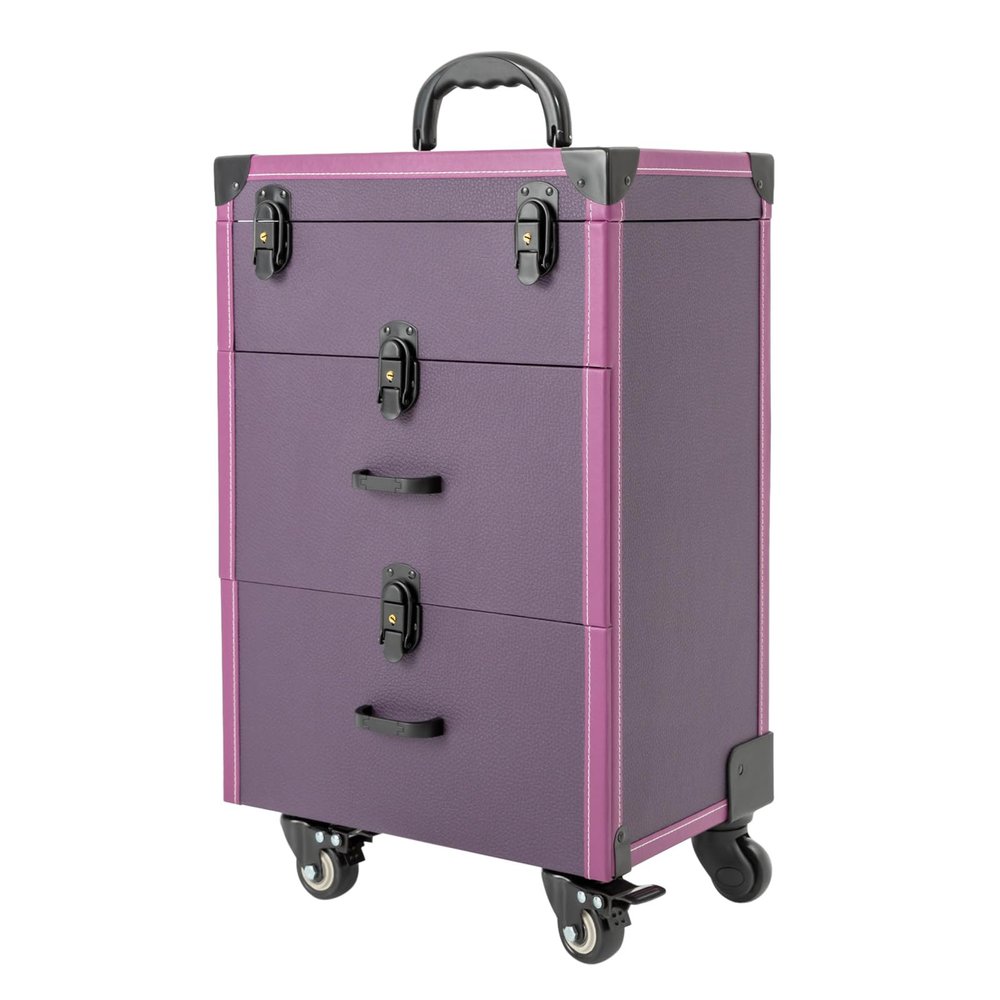 BAIODNB 3 in 1 Large Rolling Makeup Case, Aluminum Nail Travel Case Cosmetology Case, Makeup Cart Make Up Suitcase Cosmetic Trolley with Wheels for Salon Cosmetic Trolley Organizer Box (Purple)