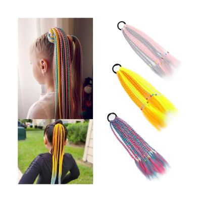 Ponytail Extension 12Pcs Colored Braids Hair Extensions with Rubber Bands Rainbow Ponytail Hair Accessories for Women Girls Synthetic Braided Hairpieces for Daily Party Pony Tails Hair Extensions(Colo
