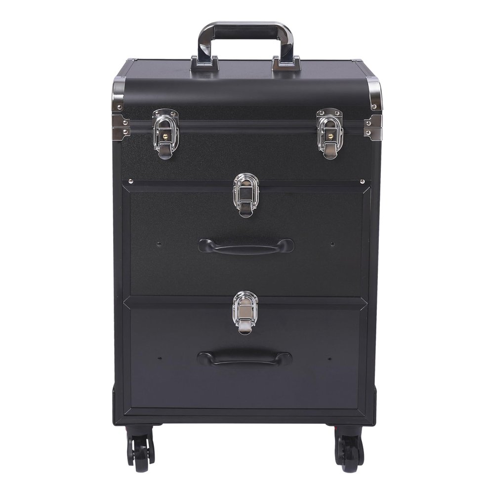BAIODNB 3 Layers Rolling Makeup Case, Nail Travel Case Cosmetology Case, Makeup Cart Make Up Suitcase Cosmetic Trolley with Wheels (Black)