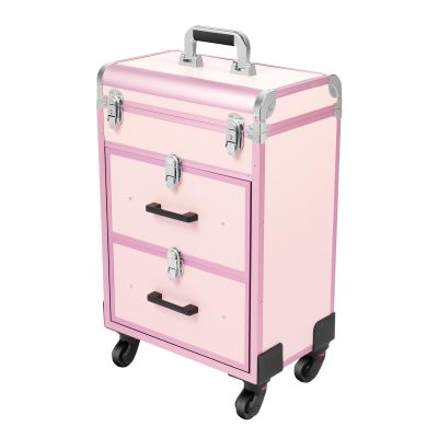 BAIODNB 3 Layers Rolling Makeup Case, Nail Travel Case Cosmetology Case, Makeup Cart Make Up Suitcase Cosmetic Trolley with Wheels (Pink)