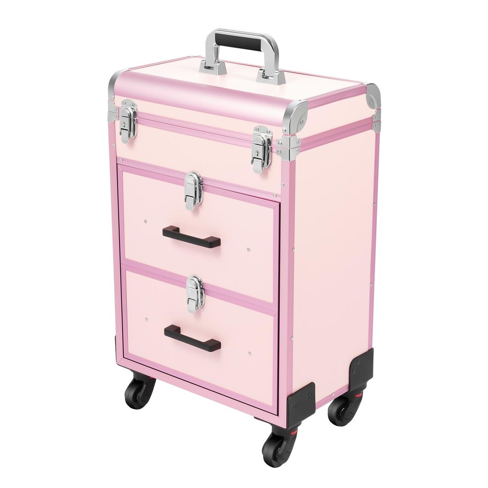 BAIODNB 3 Layers Rolling Makeup Case, Nail Travel Case Cosmetology Case, Makeup Cart Make Up Suitcase Cosmetic Trolley with Wheels (Pink)