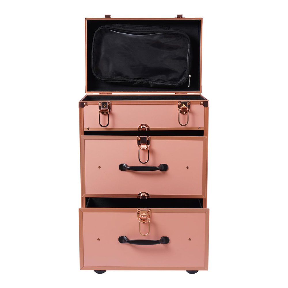 BAIODNB 3 Layers Rolling Makeup Case, Nail Travel Case Cosmetology Case, Makeup Cart Make Up Suitcase Cosmetic Trolley with Wheels (Gold)
