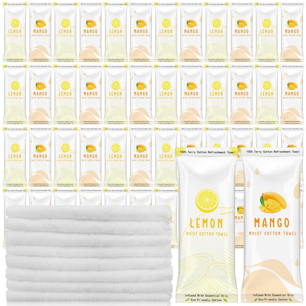 50 Pcs Moist Towelettes Individually Wrapped Scented Disposable Face Towels Essential Oil Infused Moist Terry Cotton Towel for Use Hot or Cold Travel Body Spa (Lemon Mango)