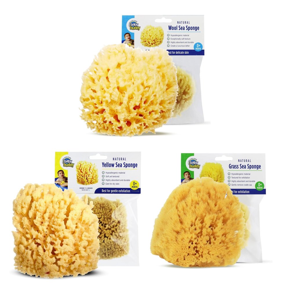 Baby Buddy All in One Bundle Natural Wool, Yellow, and Grass Sea Sponge, New Born Bath Time Essential