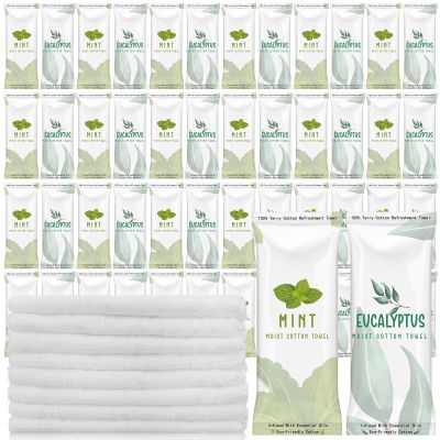 50 Pcs Moist Towelettes Individually Wrapped Scented Disposable Face Towels Essential Oil Infused Moist Terry Cotton Towel for Use Hot or Cold Travel Body Spa (Mint, Eucalyptus Leaves)