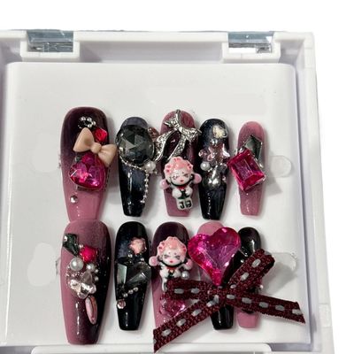 ZIIVIEVS Handmade Nail Wearing Spicy Girl Cute Bow, Detachable Nail Patch, False Nail(Size:S), 1 Count (Pack of 1)