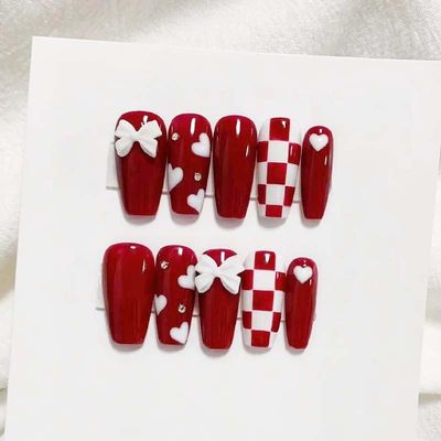 ZIIVIEVS Christmas American Independence Day Flag Wearing Armor Christmas False Nail Wine Red Sweet Cool False Nail Beauty Patch(Color:Bow 2,Size:S)