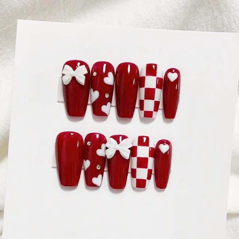 ZIIVIEVS Christmas American Independence Day Flag Wearing Armor Christmas False Nail Wine Red Sweet Cool False Nail Beauty Patch(Color:Bow 2,Size:S)