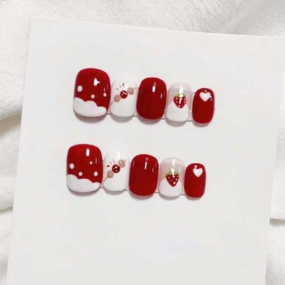 ZIIVIEVS Christmas American Independence Day Flag Wearing Armor Christmas False Nail Wine Red Sweet Cool False Nail Beauty Patch(Color:Strawberry short,Size:XS)