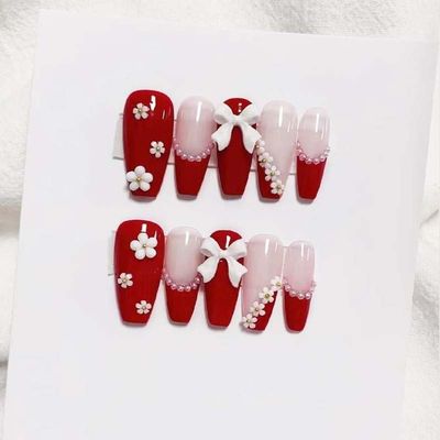 Christmas American Independence Day Flag Wearing Armor Christmas False Nail Wine Red Sweet Cool False Nail Beauty Patch(Color:Bow1,Size:S)