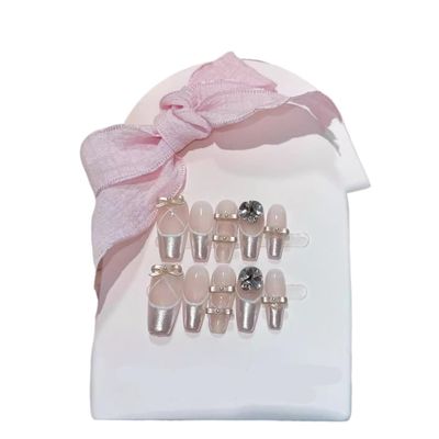 ZIIVIEVS Handmade Wearing Nail Fingertip Bow New French Nail Art Detachable False Nails(Size:S), 1 Count (Pack of 1)