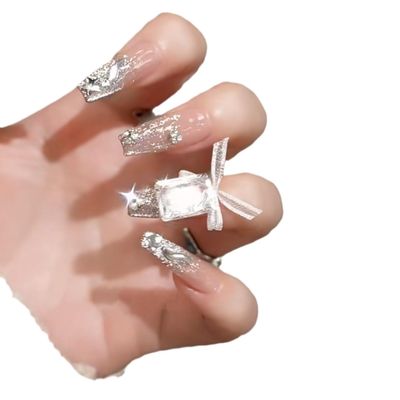 Handmade wearable nail bow, detachable nail patch, long duckbill shaped nail enhancement(Size:XS)