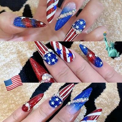 ZIIVIEVS Christmas American Independence Day Flag Wearing Armor Christmas False Nail Wine Red Sweet Cool False Nail Beauty Patch(Color:National flag,Size:M)