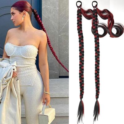 2 Packs Red mixed Black Long Braided Ponytail Extension For Black Women Soft Synthetic Hair Piece For Women with Hair Tie Straight Wrap Around Ponytail Braided Hair Extensions pre Stretched 30 Inch