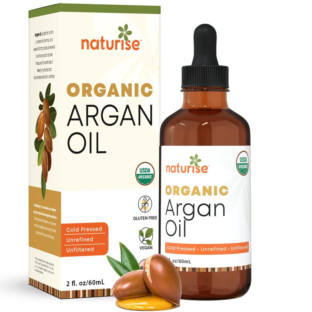 Naturise Organic Argan Oil for Hair & Skin  Cold Pressed, Unrefined, Pure Argan Oil of Morocco for Face Skin Moisture & Hair Growth  Non-GMO, Gluten Free Oils with Vitamins & Fatty Acids (2 fl. oz.)