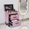 3-Tier Makeup Train Case, Rolling Lockable Beauty Salon Luggage Hairdressing Trolley Stylist w/Compartment&Drawer, Large Cosmetics Storage Organizer for On The Go Makeup/Nail Art/Hair Styling (Pink) view 3