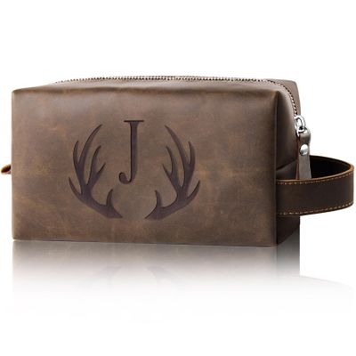 Aganmi Unique Fathers Day Birthday Gifts Engraved Initial Travel Toiletry Bag for Men Personalized PU Leather Waterproof Shaving Bag for Toiletries Accessories Travel Essentials for Him (J)