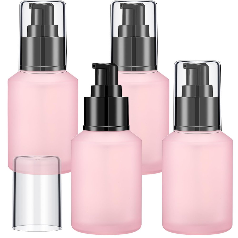 4 Pcs 60ml/2oz Empty Refillable Pink Frosted Glass Creams Lotions Bottles with Pump Vial Cosmetic Dispenser Jars Makeup Emulsion Liquids Storage Container Portable Travel Bottle Cosmetic Container