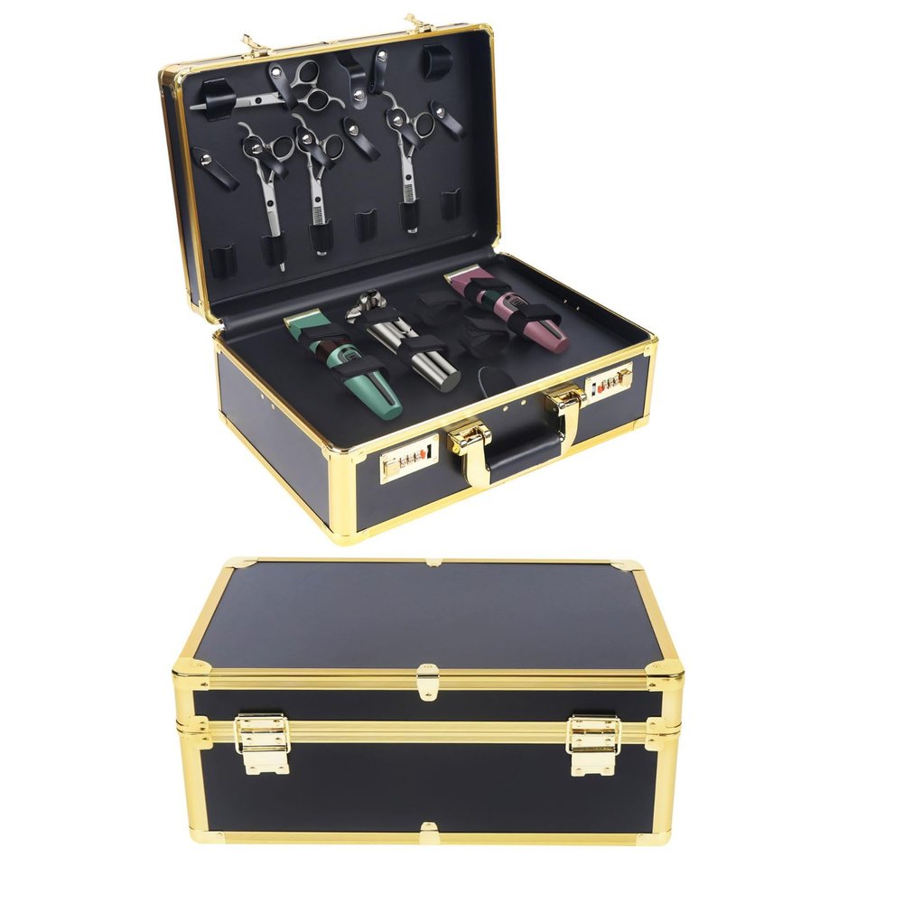 Ageanbri Barber Carrying Case,Large Barber Beauty Salon Tool Kits Storage,Portable Travel Carry Case for Barber Hair Stylist Pet Groomer, for Clippers Trimmers Scissors Blades Guards Shears (Gold)