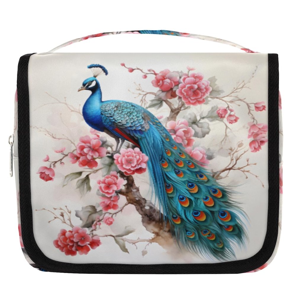 Hsnar Peacock Bird Flowers Travel Toiletry Bag with Hanging Hook Waterproof Cosmetic Bag Makeup Organizer Travel Containers for Toiletries