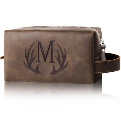 Aganmi Mens Toiletry Bag Personalized Easter Fathers Day Birthday Gifts for Men Him Initial PU Leather Waterproof Shaving Bag for Toiletries Accessories Travel Essential for Dad Husband Boyfriend (M)