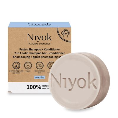 Niyok Natural Cosmetics 2-in-1 Solid Shampoo + Conditioner Bar, Sensitive Formula, 80g