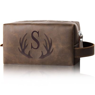 Aganmi Unique Mens Travel Toiletry Bag Initial Graduation Gifts for Him PU Leather Waterproof Shaving Bag for Toiletries Accessories Travel Essentials College Graduates Graduation 2024 Presents (S)