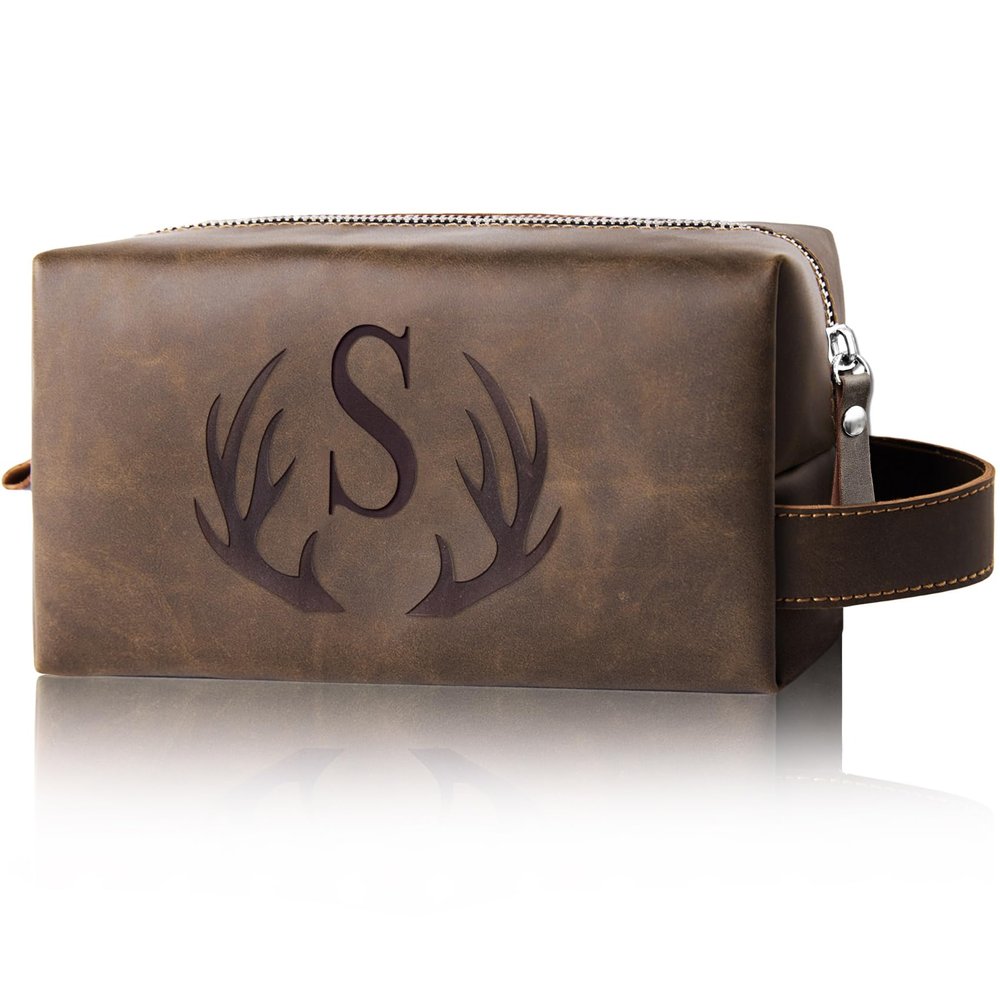 Aganmi Unique Mens Travel Toiletry Bag Initial Graduation Gifts for Him PU Leather Waterproof Shaving Bag for Toiletries Accessories Travel Essentials College Graduates Graduation 2024 Presents (S)