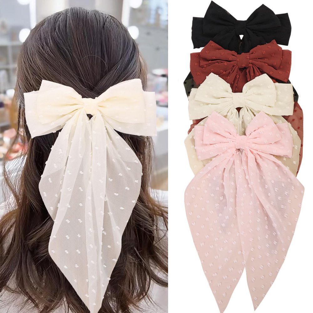 MRJ 4Pcs Chiffon Hair Bows for Women Big French Bows Hair Clips for Girls Hair Accessories Barrettes Metal Clips Bowknot Aesthetic