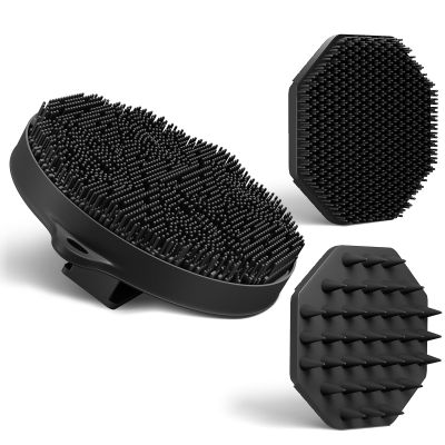 3 Soft Silicone Scrubbers - Body Exfoliating Brush Skin Massage Shower Scrubber Body Buffer, with Super Soft Handheld Facial Cleansing Brush, with Hair Shampoo Brush Scalp Massager (Black)