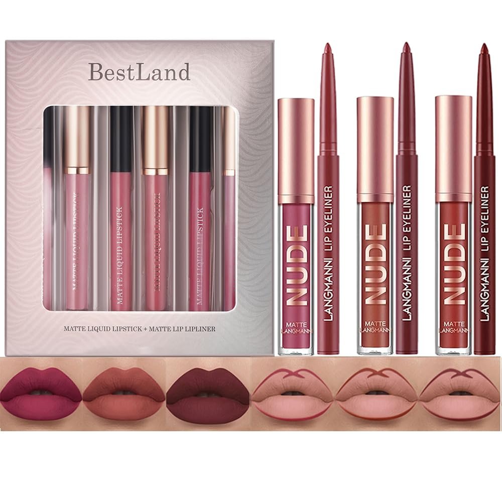 BestLand 6Pcs Matte Liquid Lipstick & Lip Liner Set  Waterproof, Long-Lasting Nude Lip Stain Makeup Kit, Velvety Texture, Gift Set (Vintage Charm Lip Set)