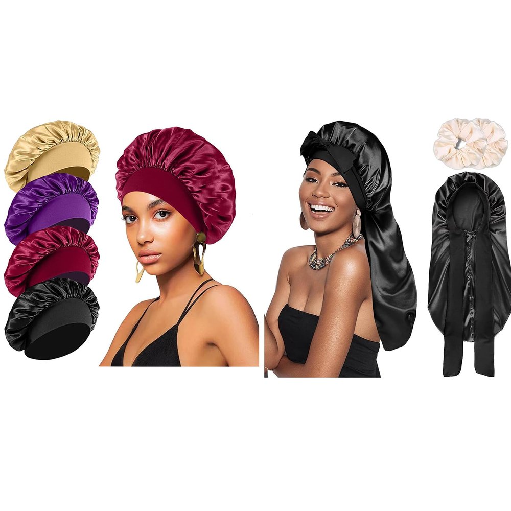 4PCS Silk Bonnet for Sleeping+Long Silk Satin Hair Bonnet,Hair Wrap Satin Bonnets Shower Cap for Black Women Men, Elastic Wide Band Hair Bonnet Cap for Sleeping