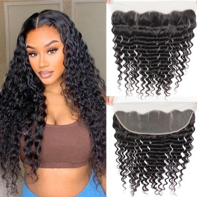 13x4 Ear To Ear Deep Wave Lace Closure 13x4 Deep Wave Lace Frontal Human Hair 180% Density Natural (13x4 Deep Wave, 16 Inch)
