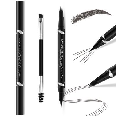 LAVONE 2-IN-1 Dual-ended Waterproof Eyebrow Pencil, 4 Tip Microblading Pen & Ultra-Precise Brow Pencil, Dual-ended Eyebrow Brush - Dark Grey 01