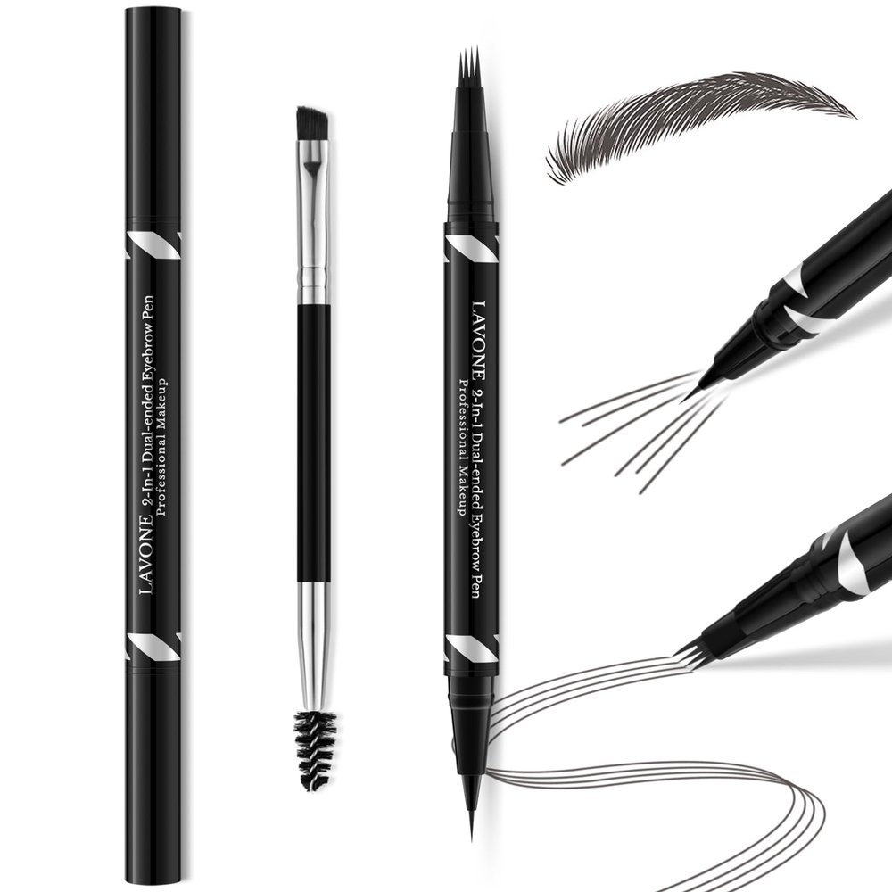 LAVONE 2-IN-1 Dual-ended Waterproof Eyebrow Pencil, 4 Tip Microblading Pen & Ultra-Precise Brow Pencil, Dual-ended Eyebrow Brush - Dark Grey 01