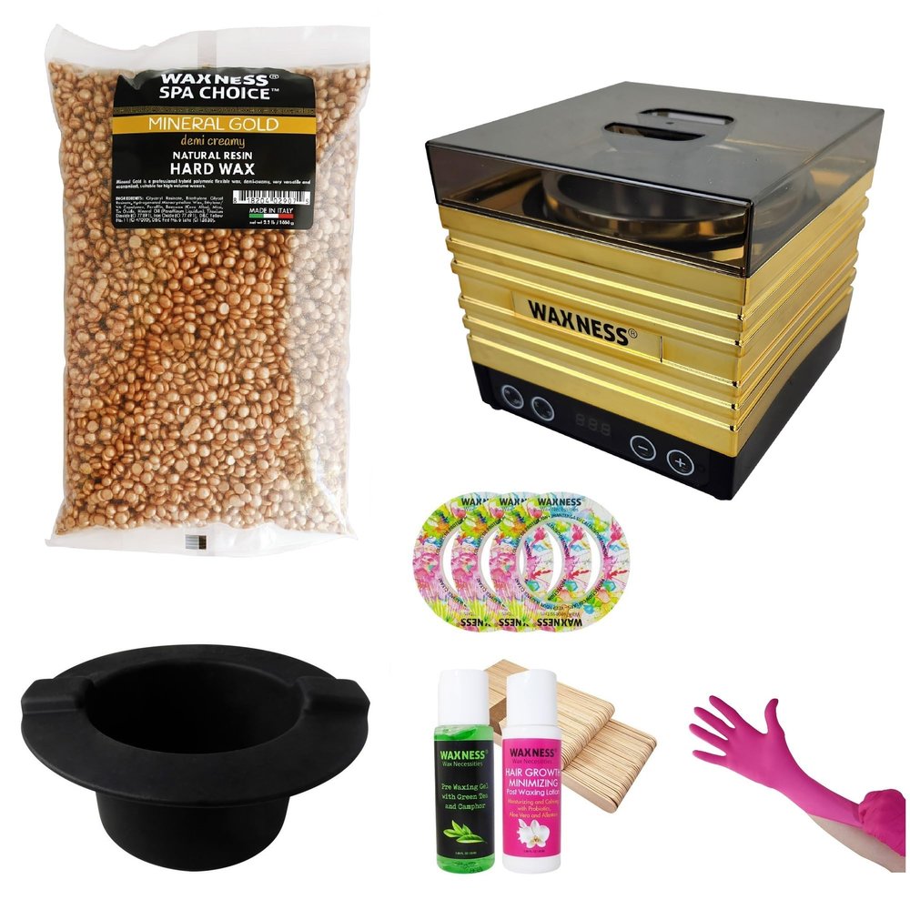 Waxness Spa Choice Mineral Gold Stripless Waxing Kit with 2.2 LB Wax Bag, Warmer W-CUBE Gold Digital 1 lb and Black Non-Stick Easy Clean Silicone Bowl