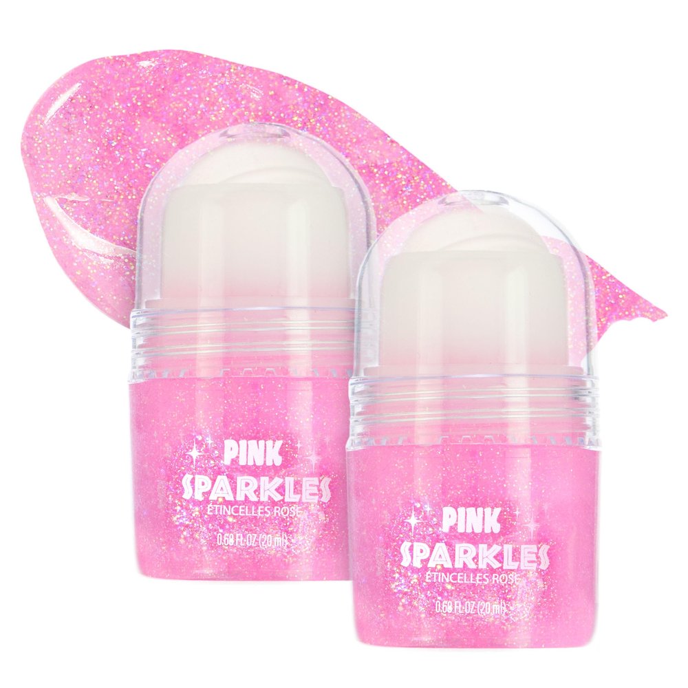 2pc Pink Sparkles Roll-On Glitter Set - Strawberry Scented Roll On Body & Face Glitter, Smooth Rollerball Tip Glitter Stick Face & Body Makeup for Shimmer & Shine