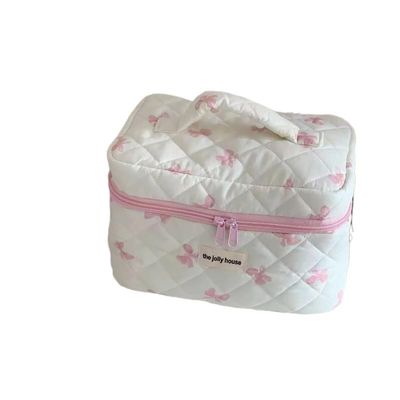 Women Cute Coquette Cosmetic Bag Quilted Bow Tie Cosmetics Pouch Fairycore Puffy Makeup Bag Preppy Zipper Pouch (L,Pink)
